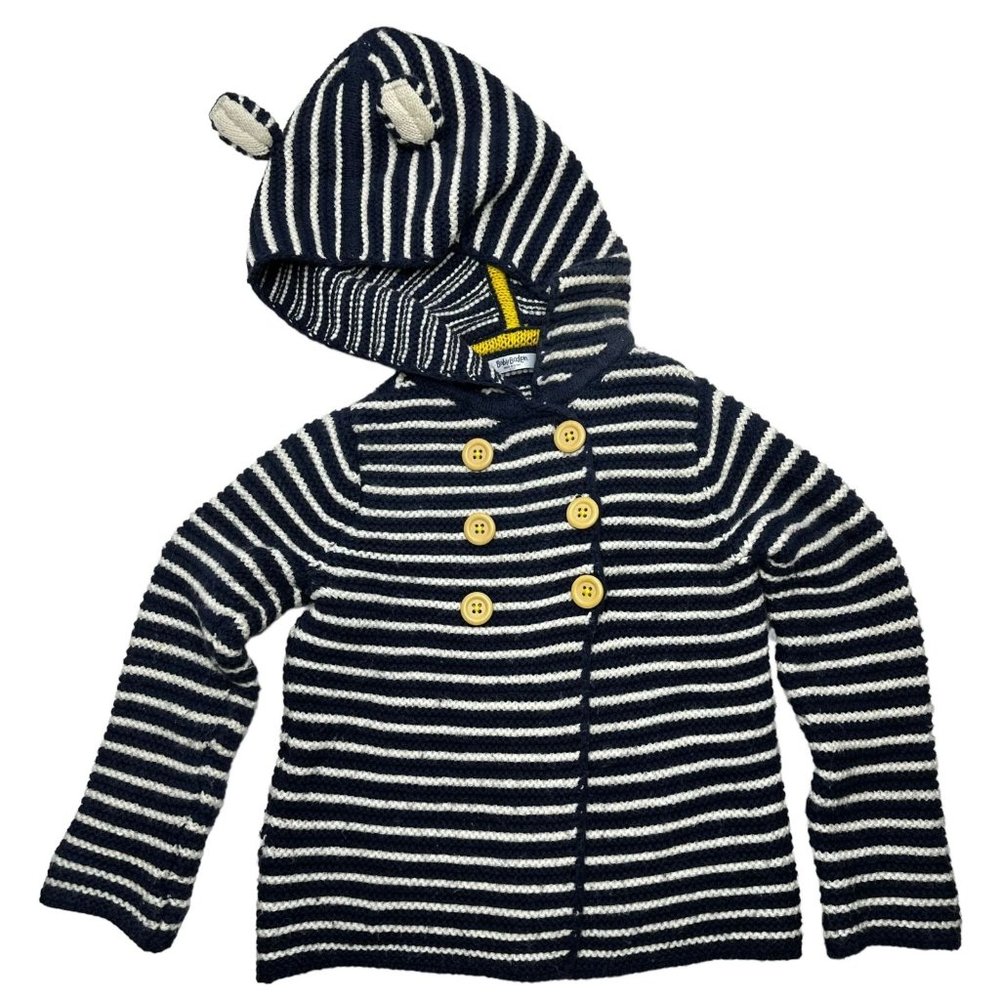 BABY BODEN Navy & White Stripe Bear Cub Ears Hooded Sweater Size 2-3 Yr